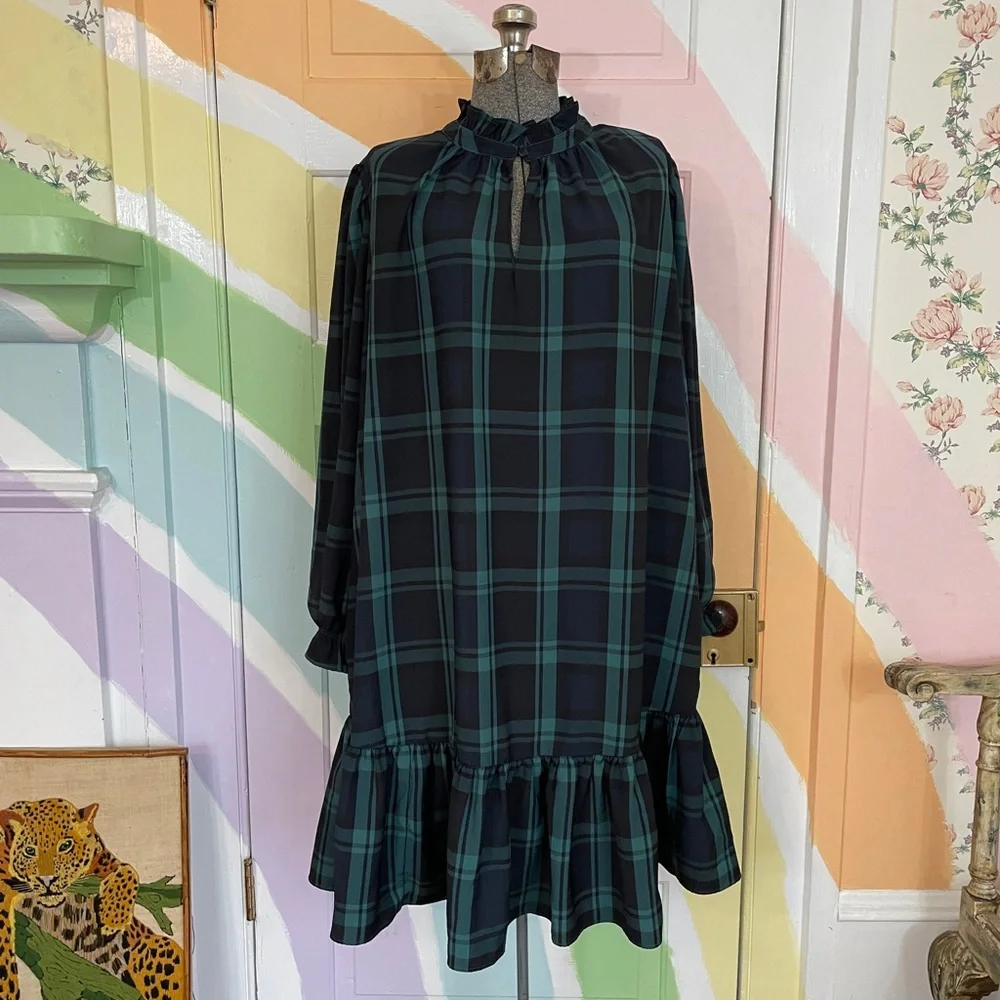 J. Crew Green Black Watch Tartan Plaid Ruffle Puff Sleeve Dress Sz 2X 🧡🎀